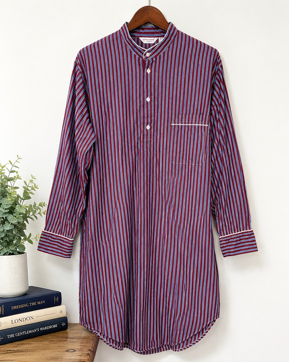 Derek Rose London Men's M 100% Cotton Striped Nightshirt Long Sleeve Sleep Shirt